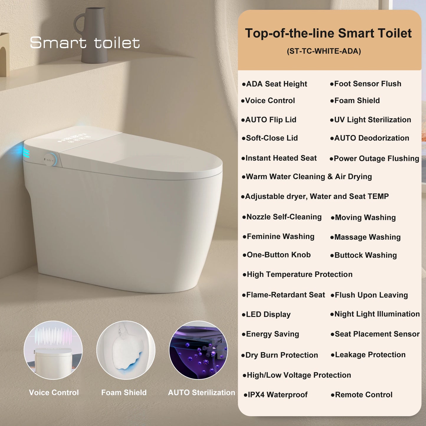 ADA Elongated One-Piece Heated Bidet Toilet With Warm Water Sprayer