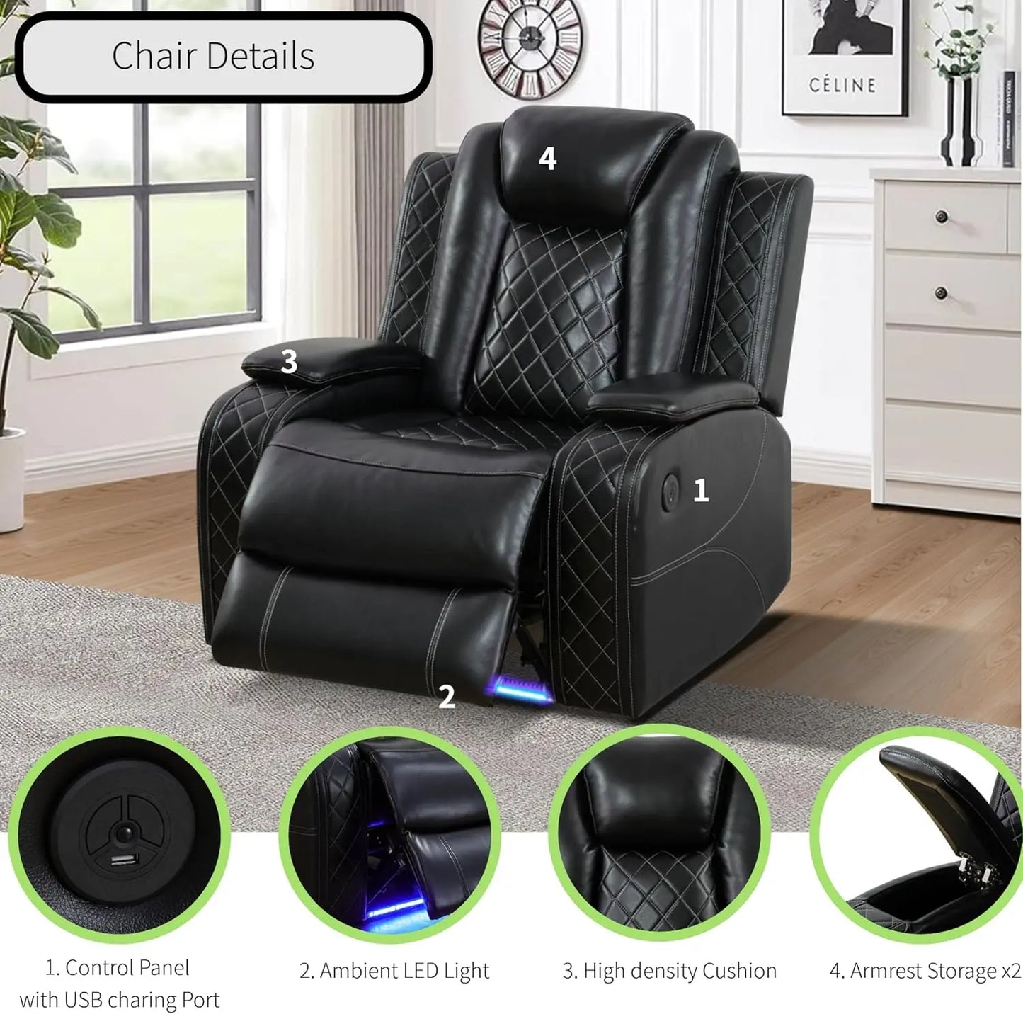 Power Recliner Sectional Sofa With LED Lights And Cup Holders