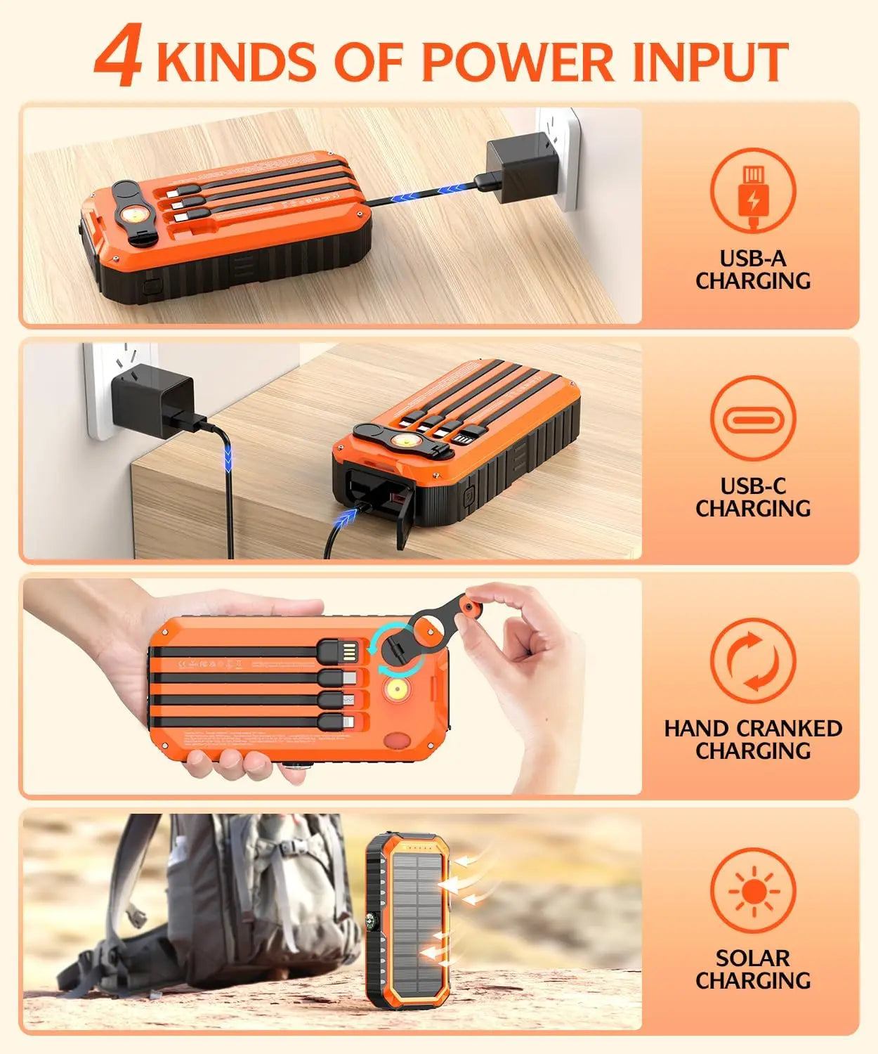 Solar 40000mAh Power Bank With Built In Cables And Crank