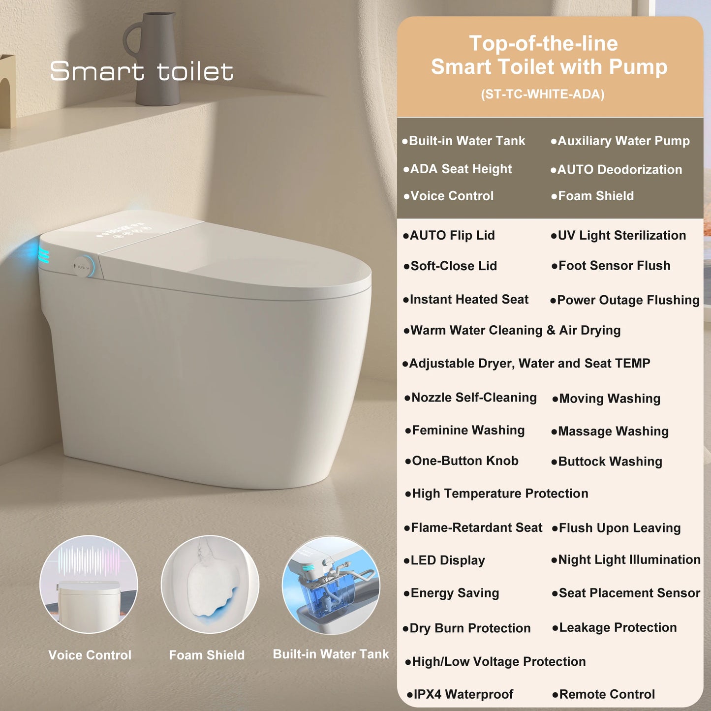 ADA Elongated One-Piece Heated Bidet Toilet With Warm Water Sprayer