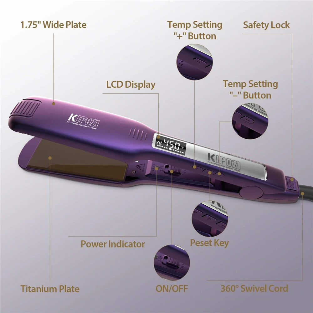 KIPOZI Titanium Flat Iron Pro Hair Straightener Dual Voltage LCD