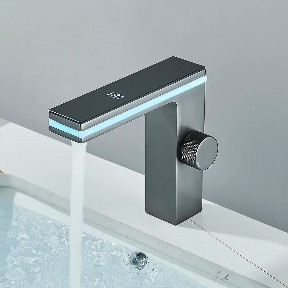 Suguword Brass Deck Mount Smart Temperature Display Basin Faucet