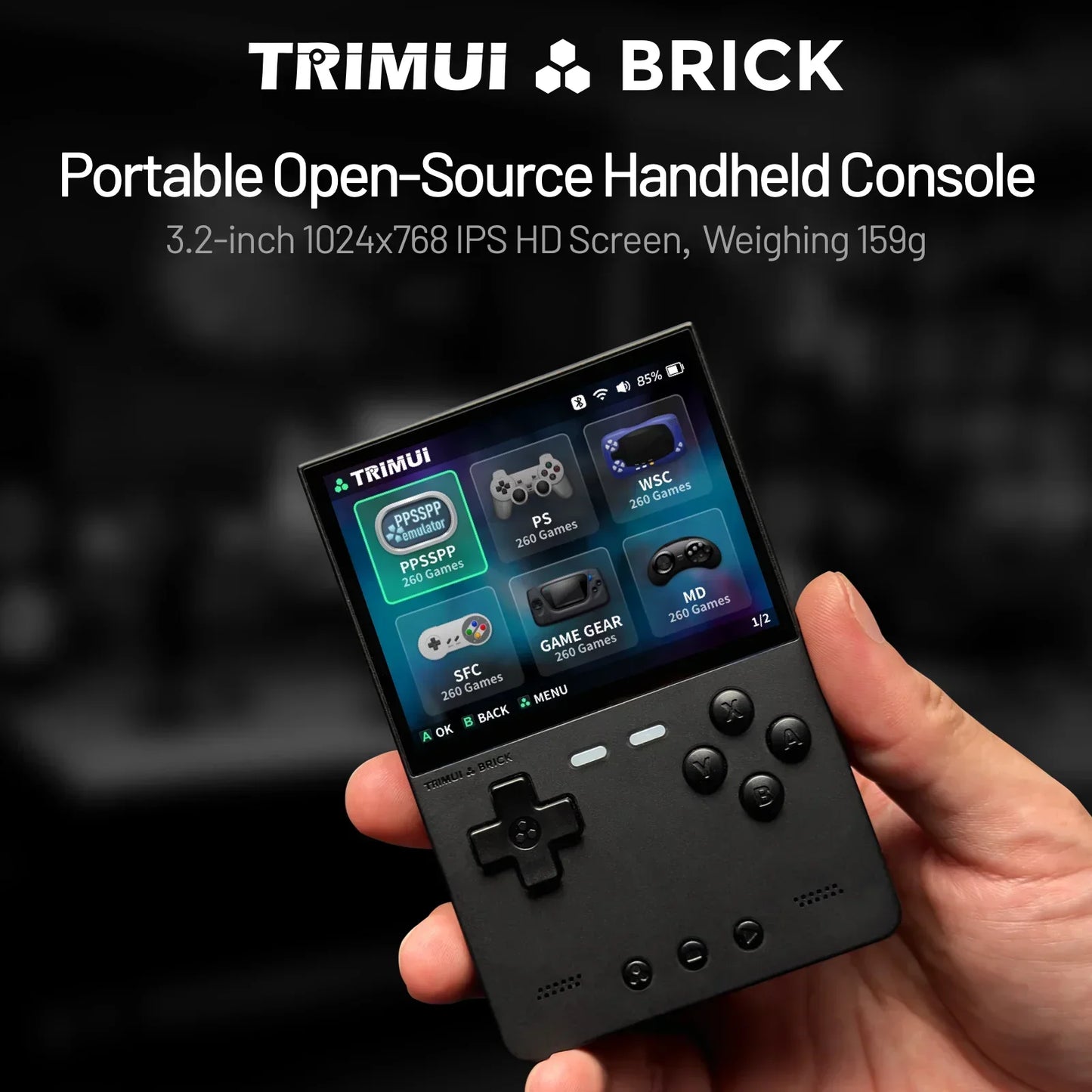 TRIMUIC BRICK Handheld Game Console With IPS Display Linux UI Metal Back Panel