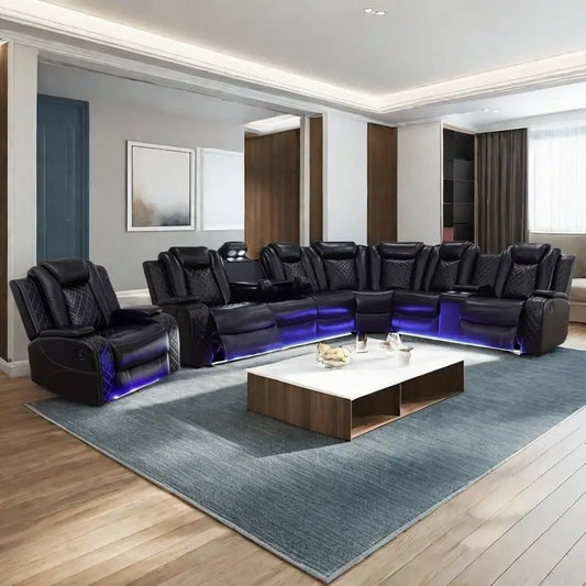 Power Recliner Sectional Sofa With LED Lights And Cup Holders