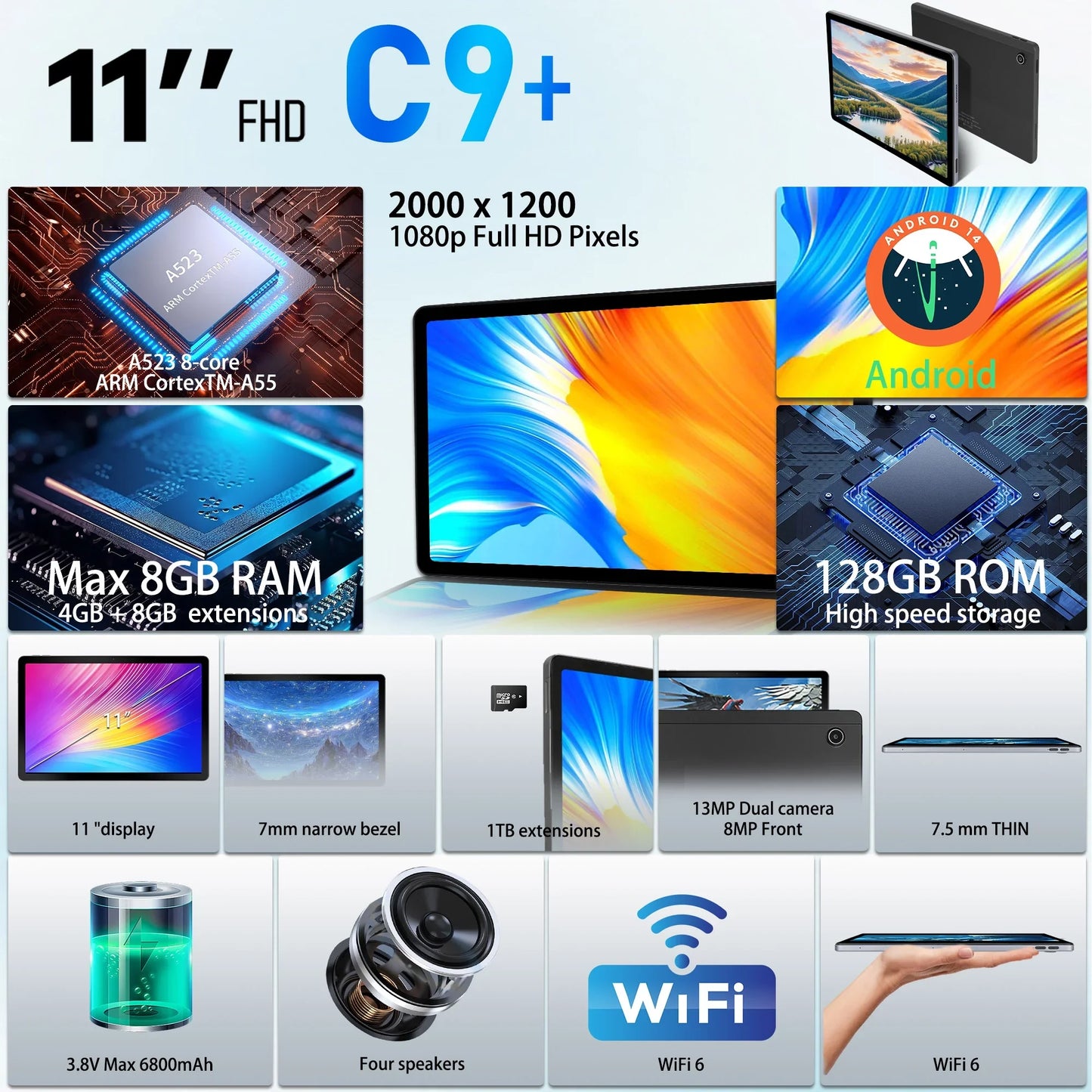 URAO C9 Plus Android Tablet 12GB RAM 128GB ROM 6800mAh
