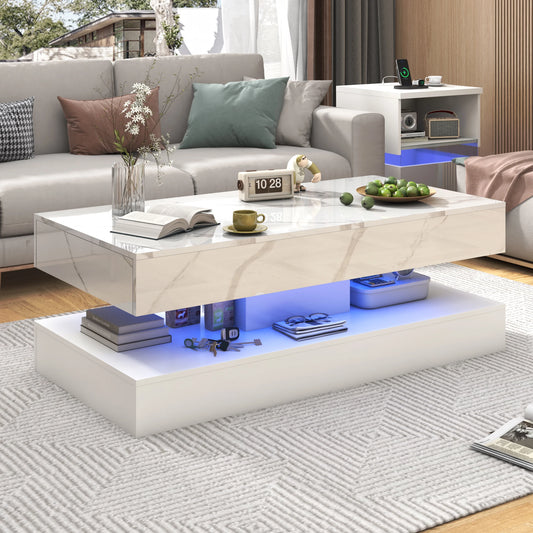 QiaoShiRen Modern LED Coffee Table With Double Drawer Storage