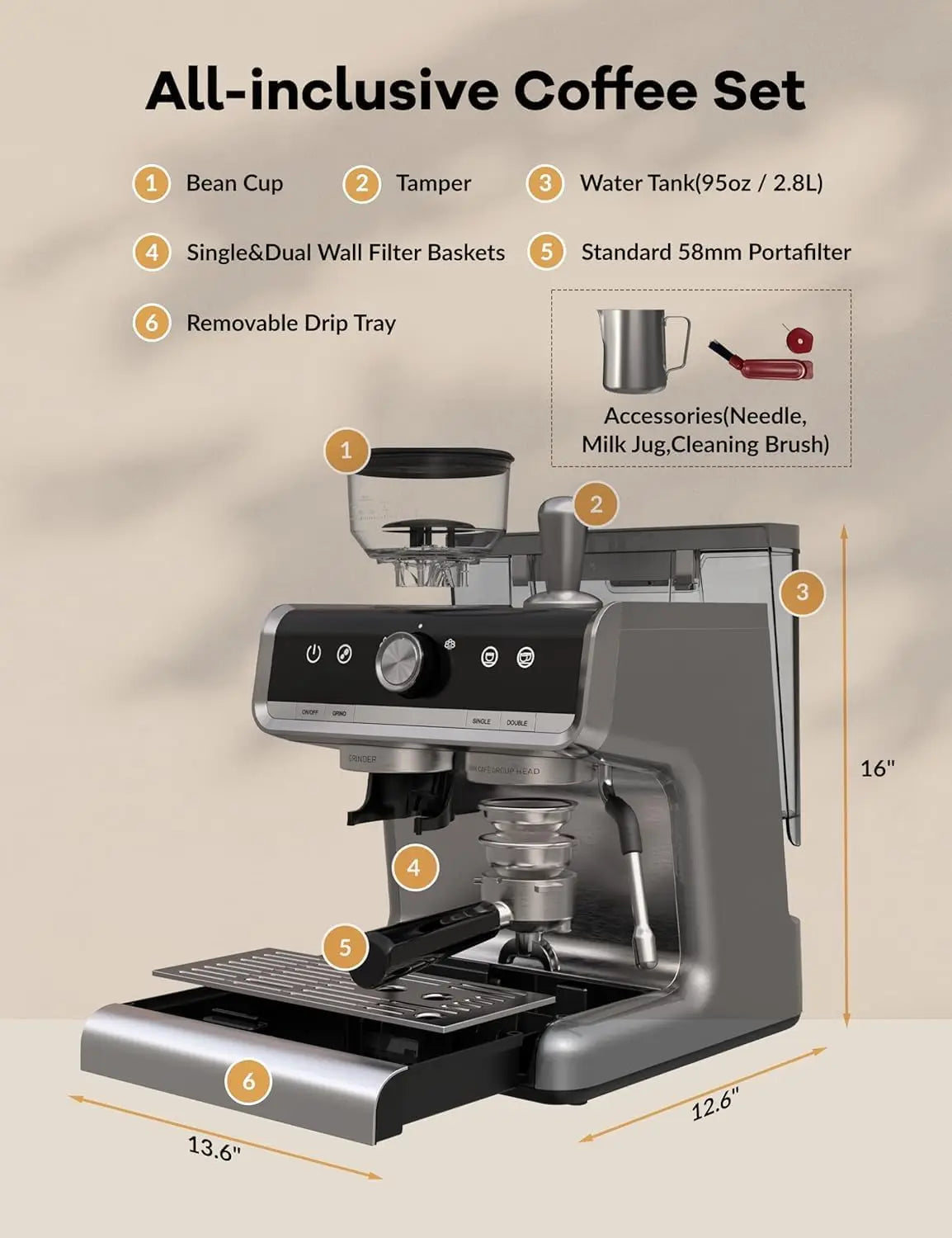 Acekool 20 Bar Espresso Machine With Integrated Grinder For Latte