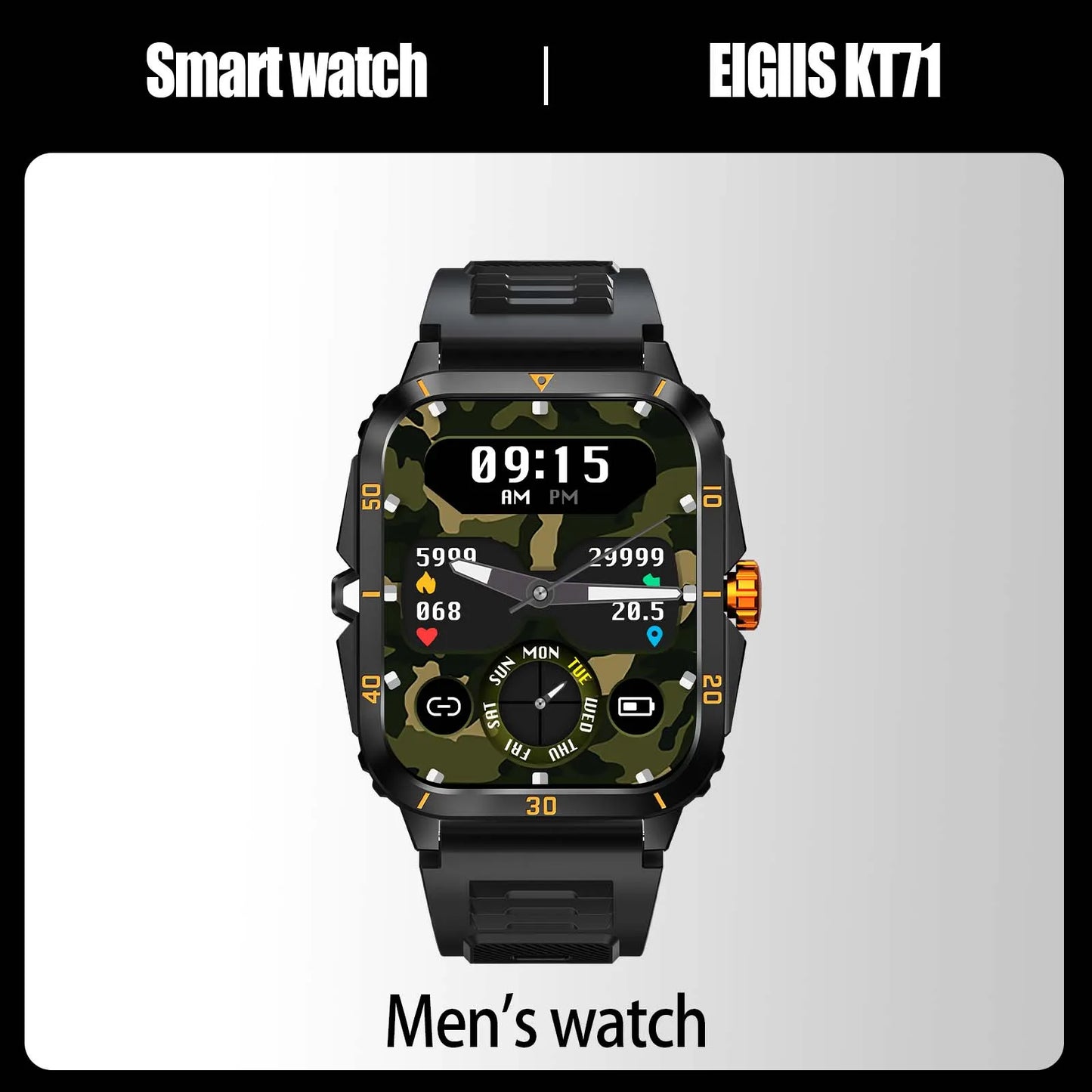 EIGIIS KT71 Smartwatch 3ATM Waterproof Heart Rate Blood Pressure Bluetooth