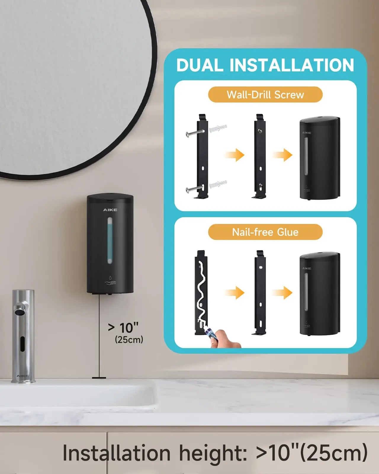 AIKE Automatic Liquid Soap Dispenser Stainless Steel Wall Mount Sensor