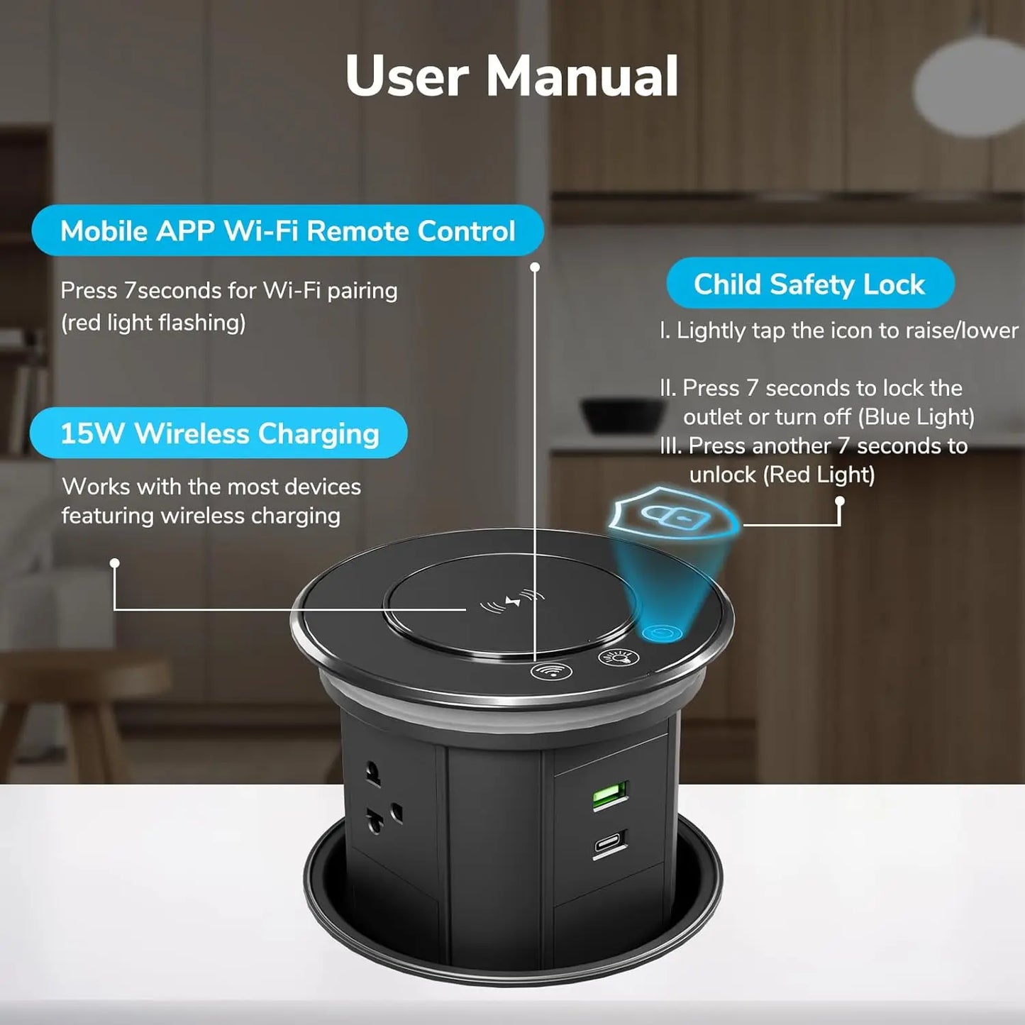 Pop-Up Countertop Power Strip With Wireless Charger And App Control