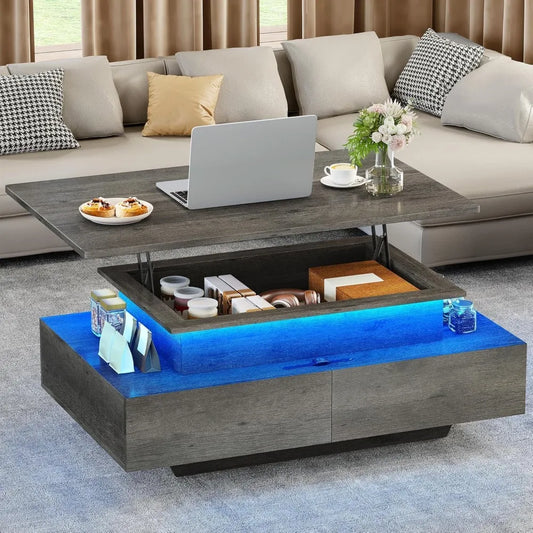Modern Lift Top Storage Coffee Table With LED Lighting Drawers