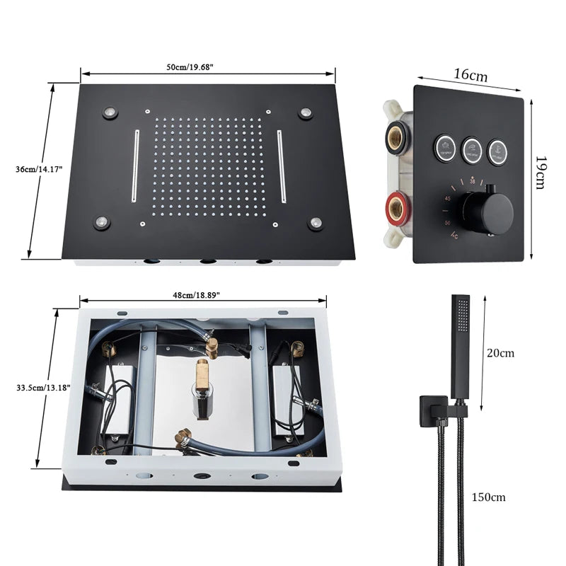 Shinesia Thermostatic Rainfall Ceiling Shower System With Led Remote Control
