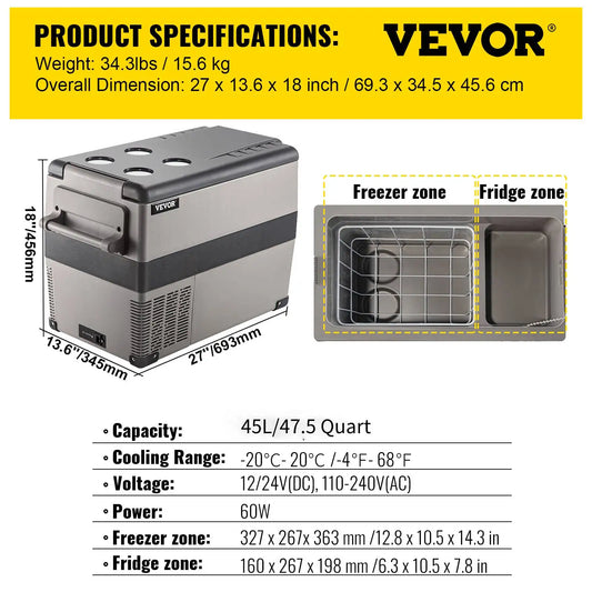 VEVOR Car Refrigerator Portable Compressor Cooler 12V 24V DC Camping
