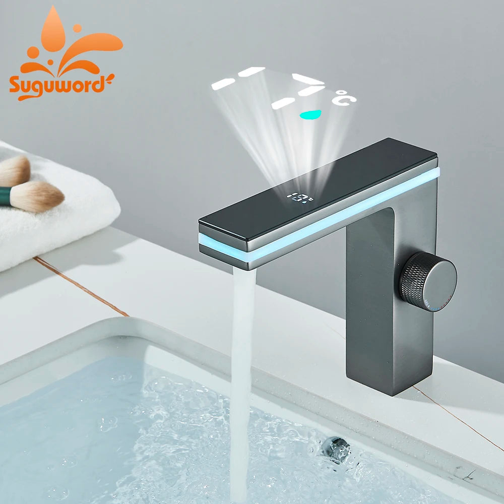 Suguword Brass Deck Mount Smart Temperature Display Basin Faucet