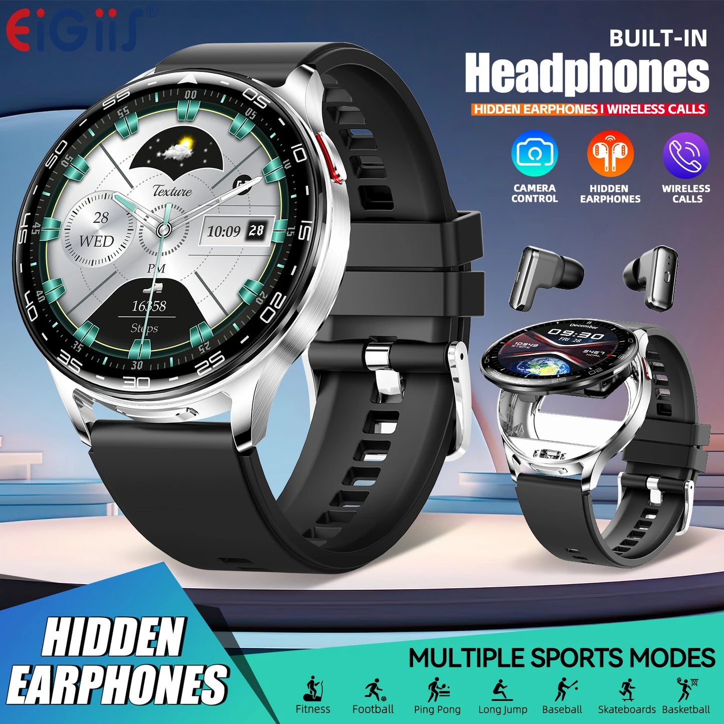 EIGIIIS Smart Watch With Earbuds 2 In 1 Heart Rate