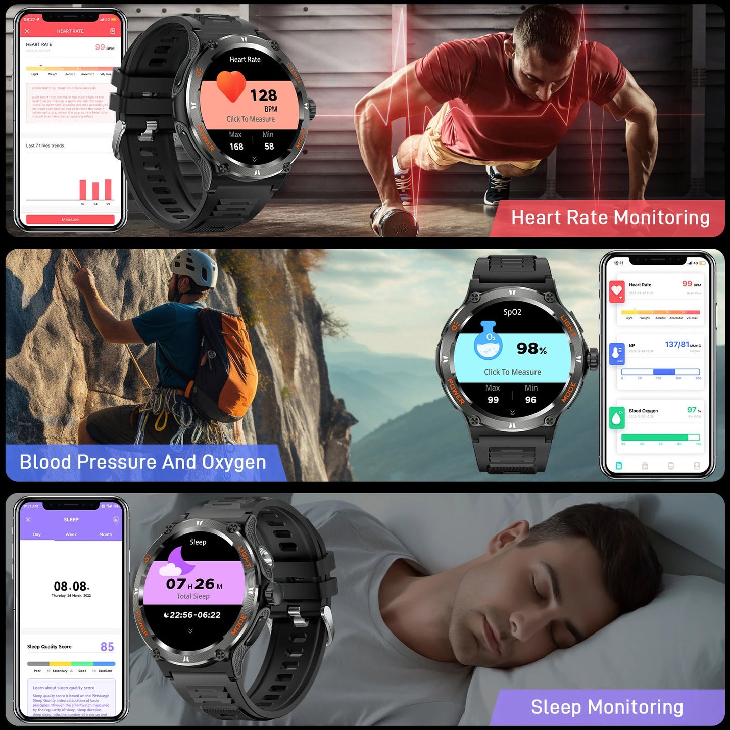LaNikar Smart Watch KT76 3ATM Waterproof Compass Bluetooth Heart Rate