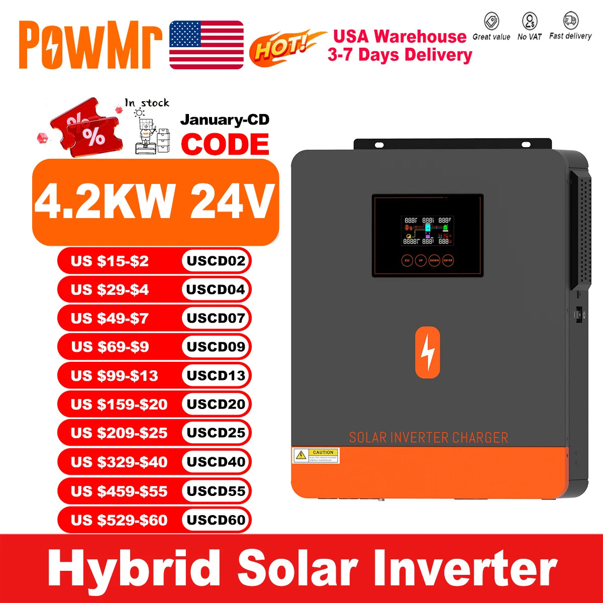 PowMr 4.2KW Hybrid Solar Inverter 24V To 220V MPPT Wifi