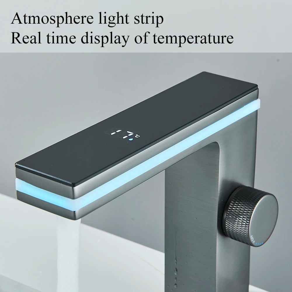 Suguword Brass Deck Mount Smart Temperature Display Basin Faucet
