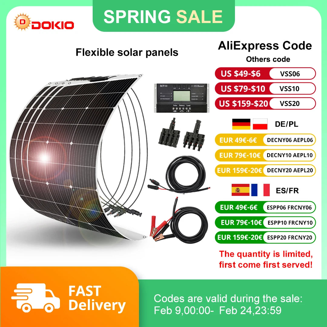 DOKIO Flexible Solar Panel 18V Waterproof Monocrystalline Camping