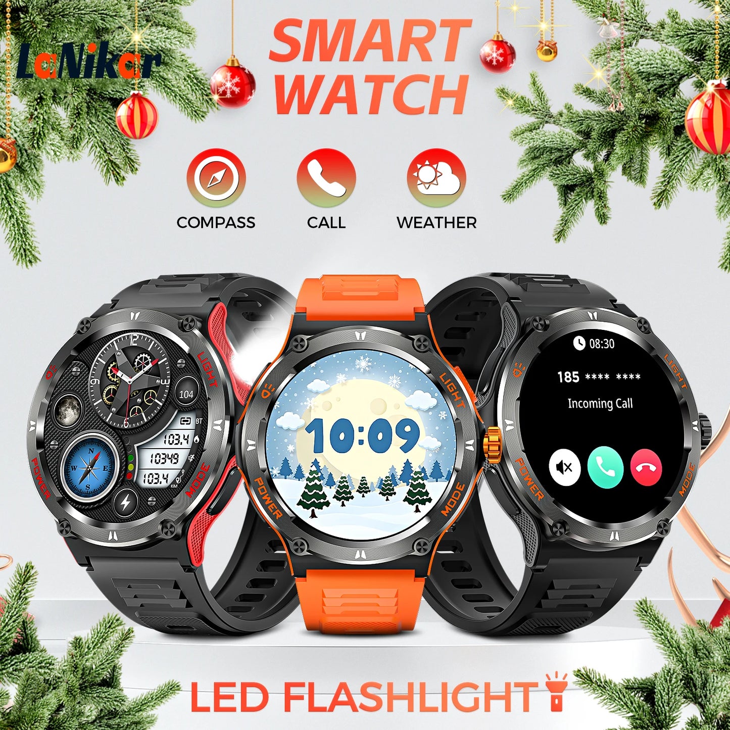 LaNikar Smart Watch KT76 3ATM Waterproof Compass Bluetooth Heart Rate