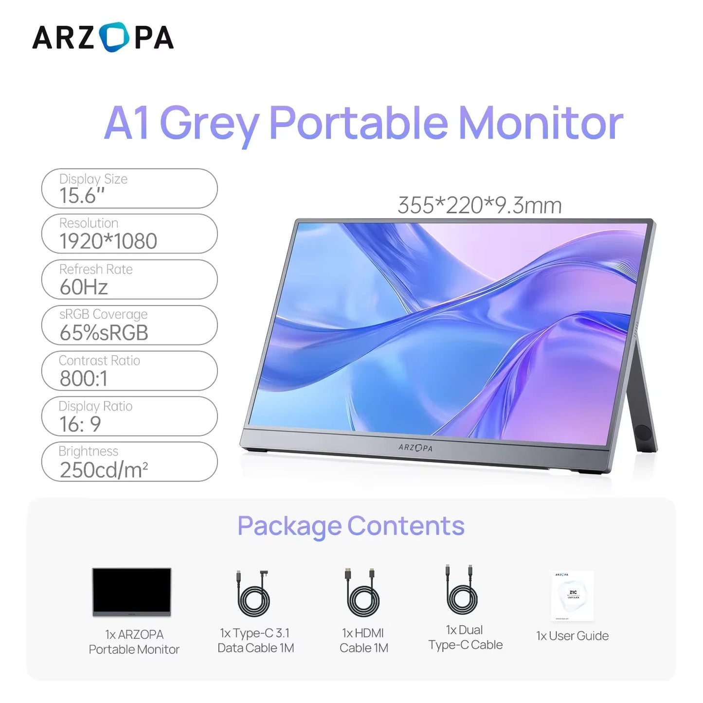 ARZOPA 15.6 inch 1080P 100%sRGB Grey Portable Gaming Monitor HDR10 External Second Display Screen for PC/MAC/Phone/Xbox A1 GRAY