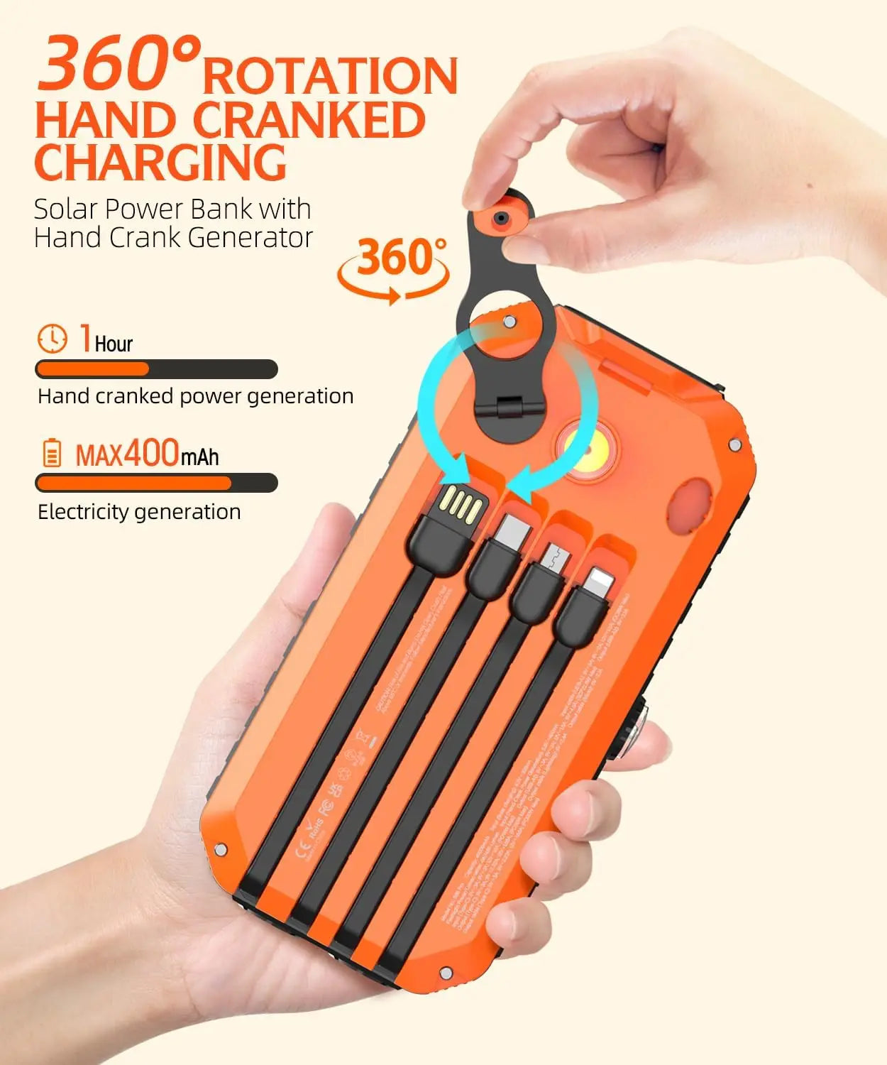 Solar 40000mAh Power Bank With Built In Cables And Crank