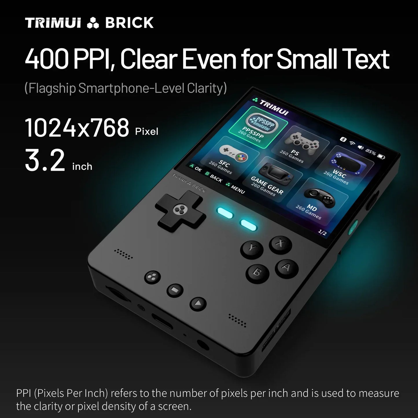 TRIMUIC BRICK Handheld Game Console With IPS Display Linux UI Metal Back Panel