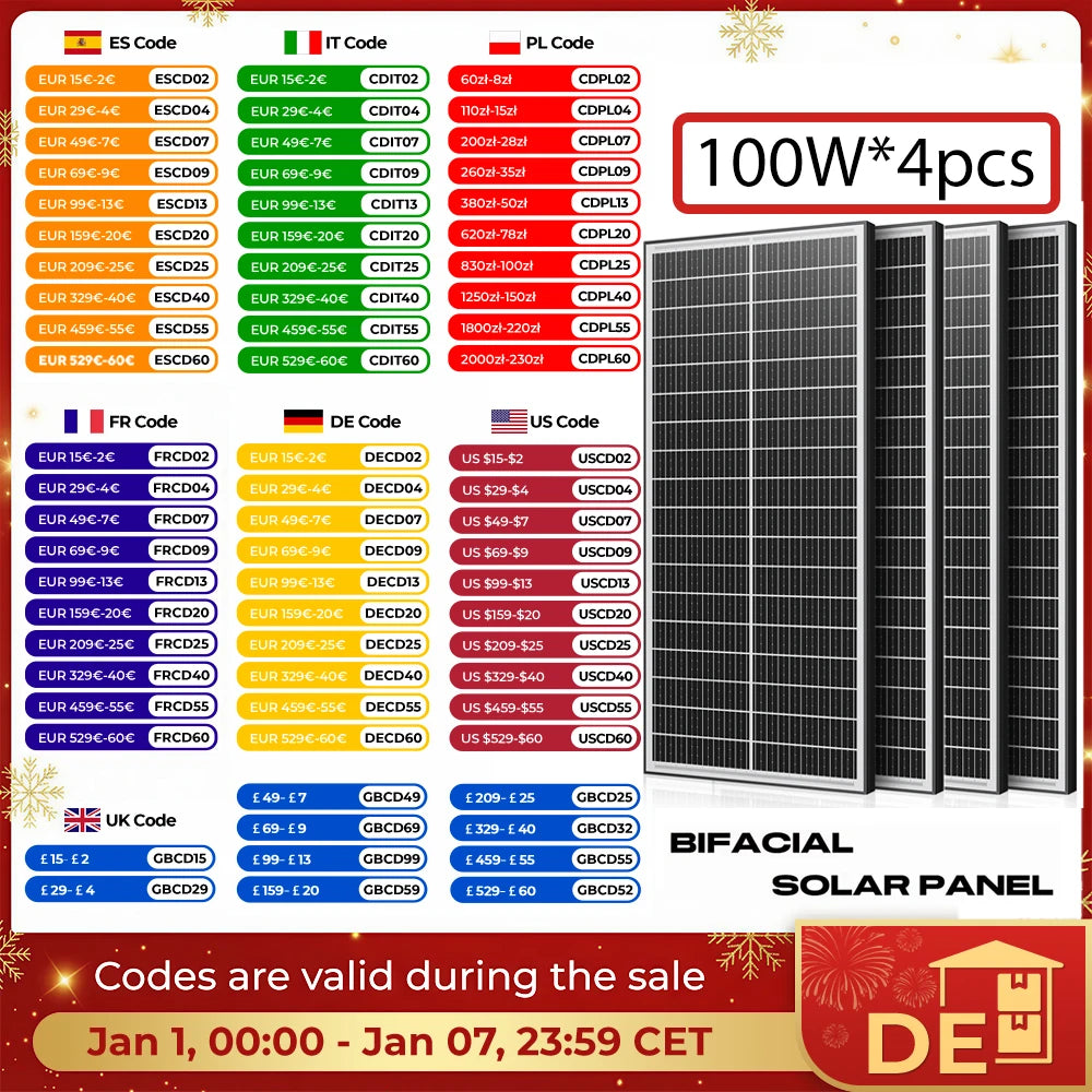 Rvpozwer 400W 12V Double Sided Monocrystalline Solar Panel