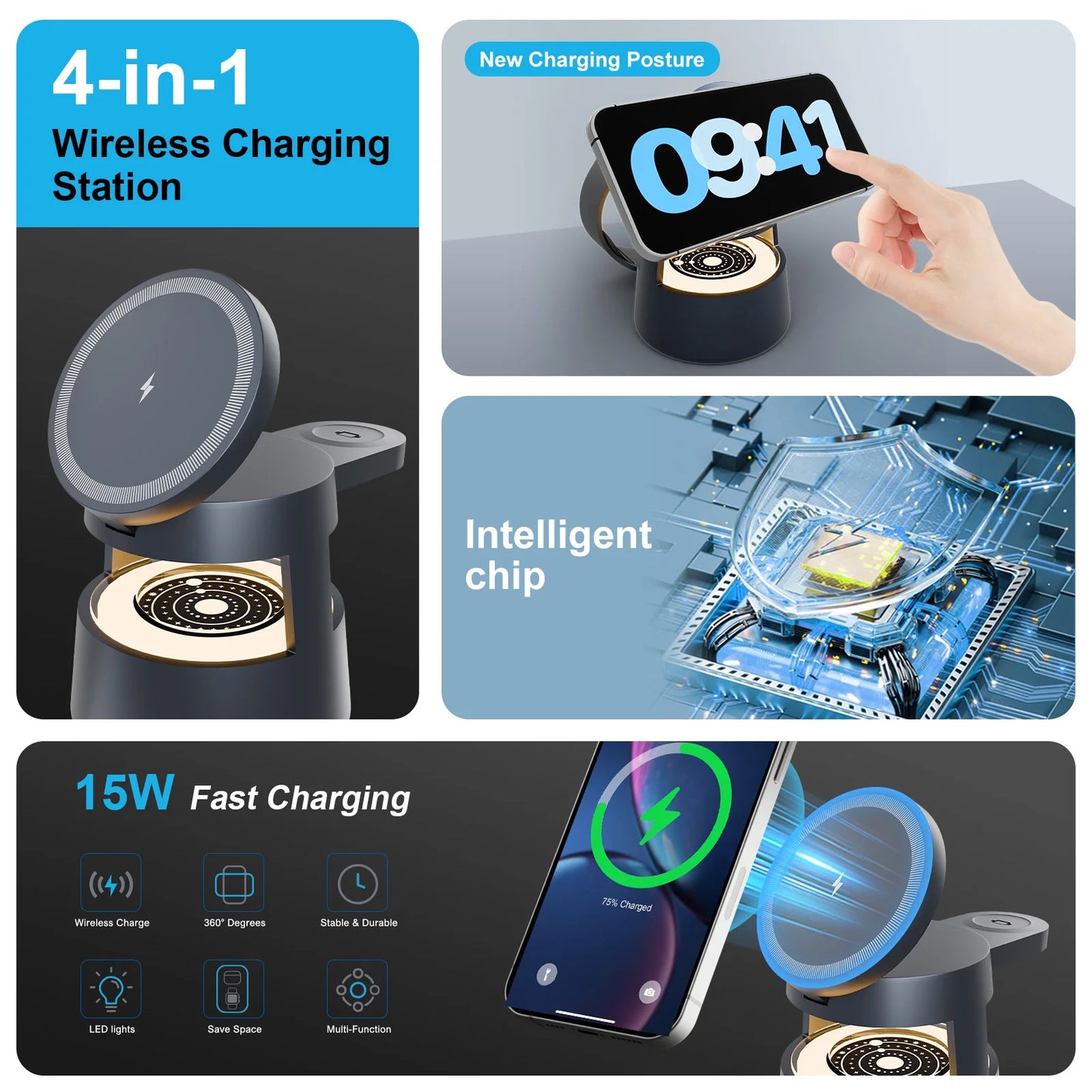 4 in 1 Magnetic Wireless Charger 15W Apple Watch AirPods