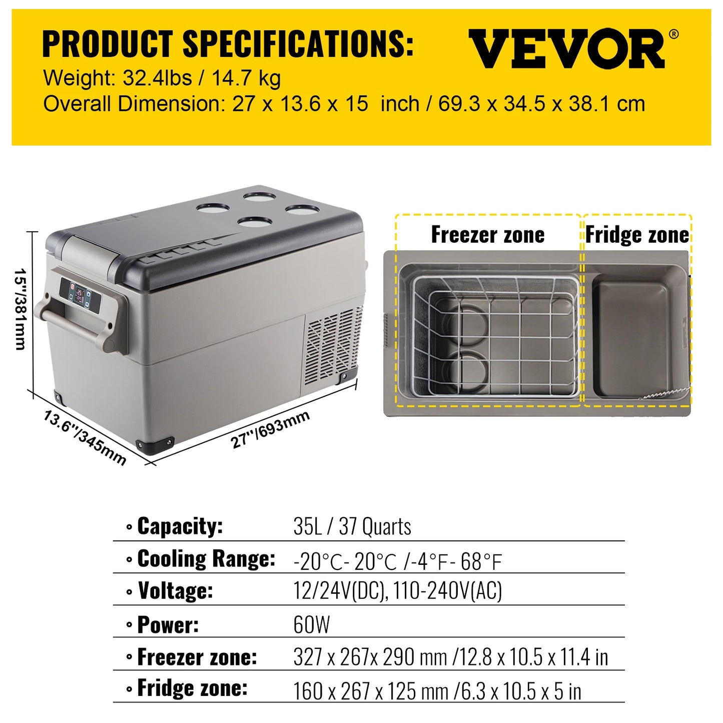 VEVOR Car Refrigerator Portable Compressor Cooler 12V 24V DC Camping
