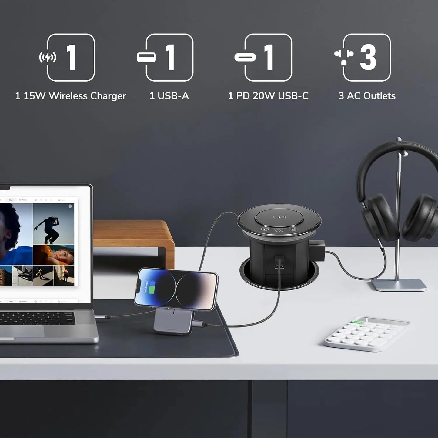 Pop-Up Countertop Power Strip With Wireless Charger And App Control