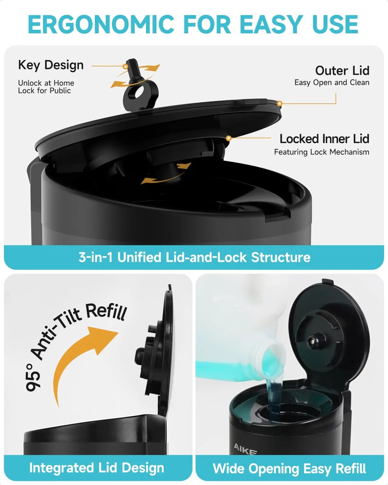 AIKE Automatic Liquid Soap Dispenser Stainless Steel Wall Mount Sensor