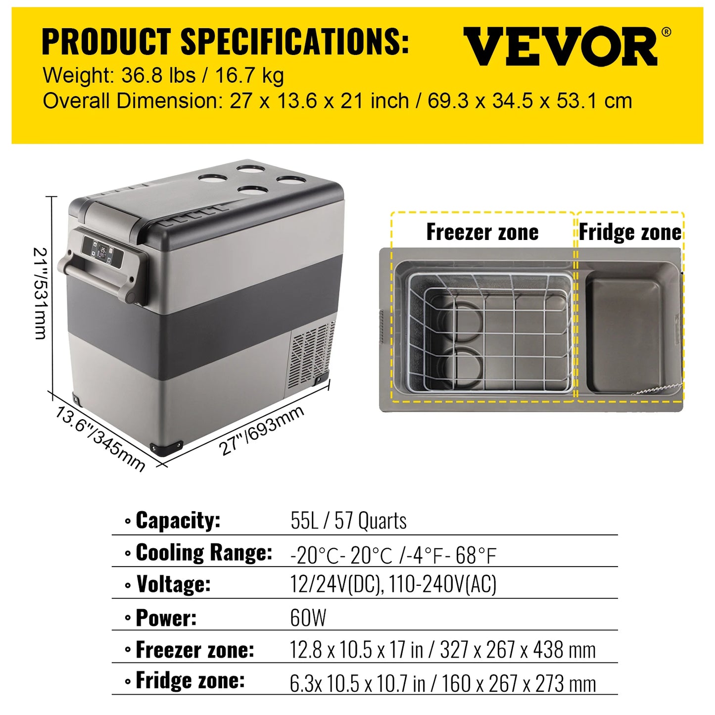 VEVOR Car Refrigerator Portable Compressor Cooler 12V 24V DC Camping